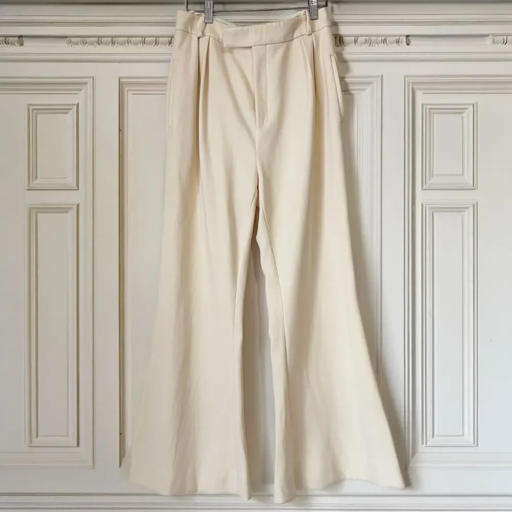 KHAITE Ivory Wool Blend Wide Leg Flare Dress Pants Trousers Size 8
